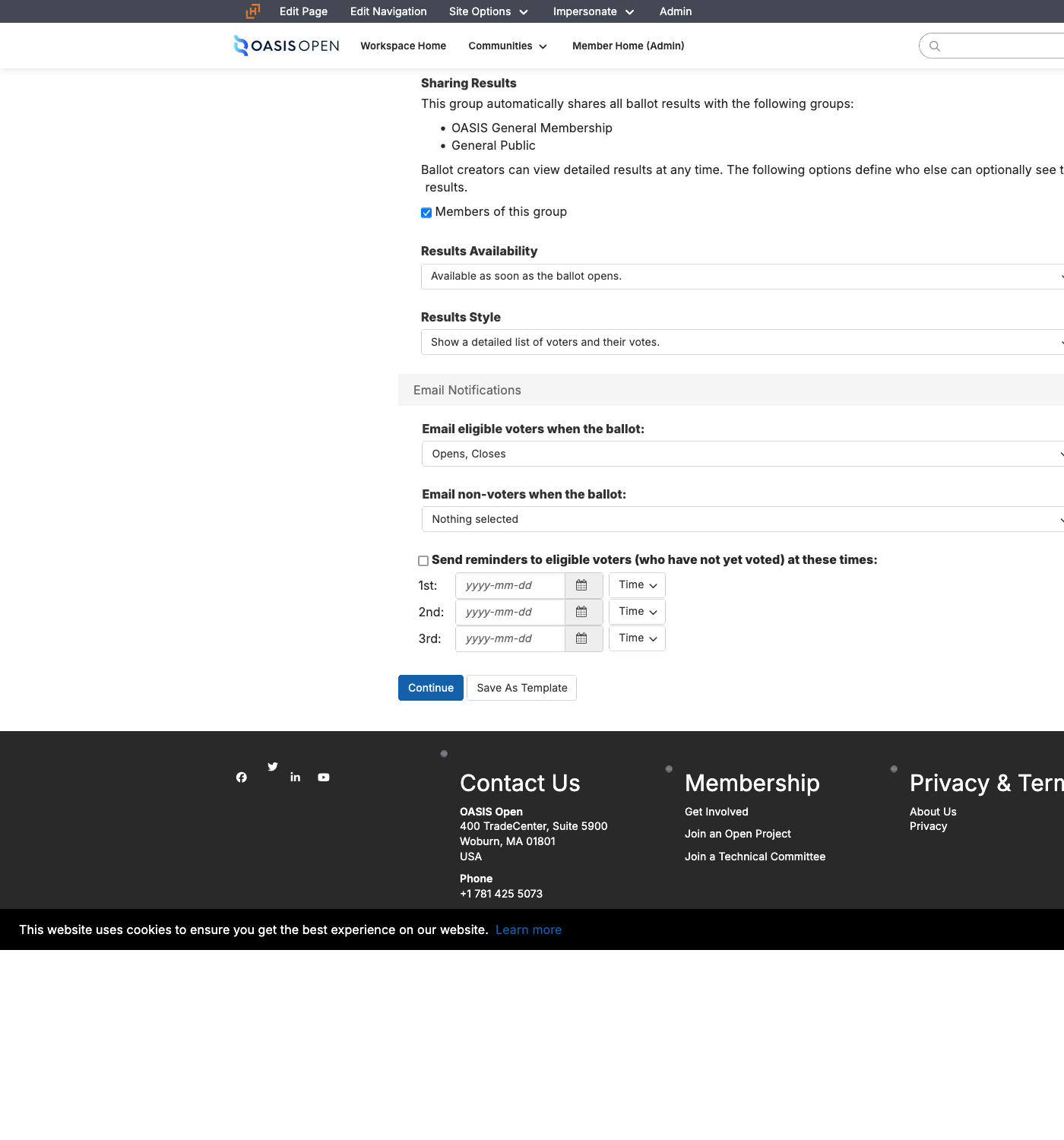 the lower half of the Add Ballot form: Voter Management, the official-ballot checkbox, Revoting, Referenced Items, Results and Sharing Results, and Email Notifications