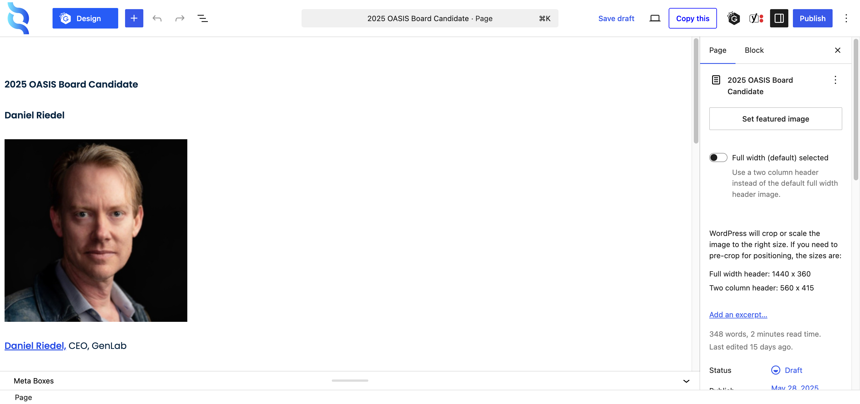 an existing page open in the content management system's editor, showing the content area, the publish or update control and the absence of any review or staging stage