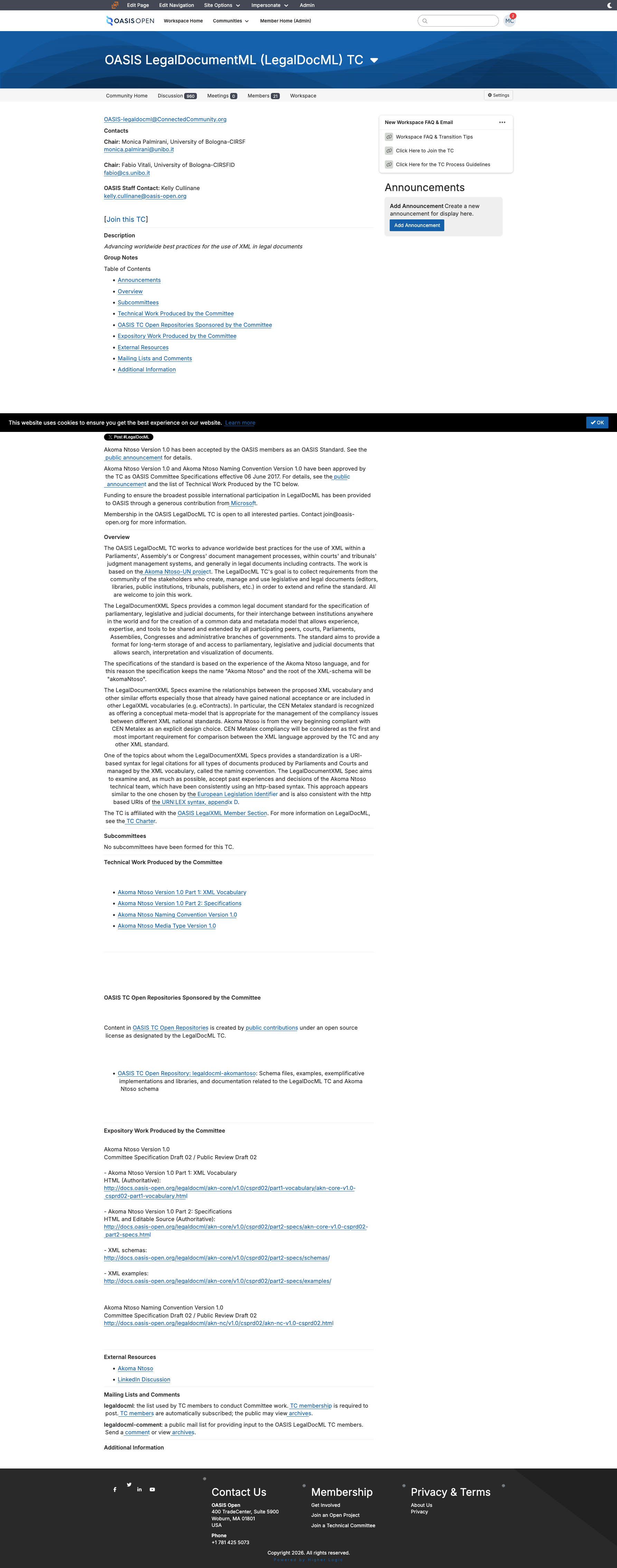 the LegalDocML Higher Logic community showing a recent discussion post date and the membership count, placed beside the GitHub repository page showing a last-push date of June 2022