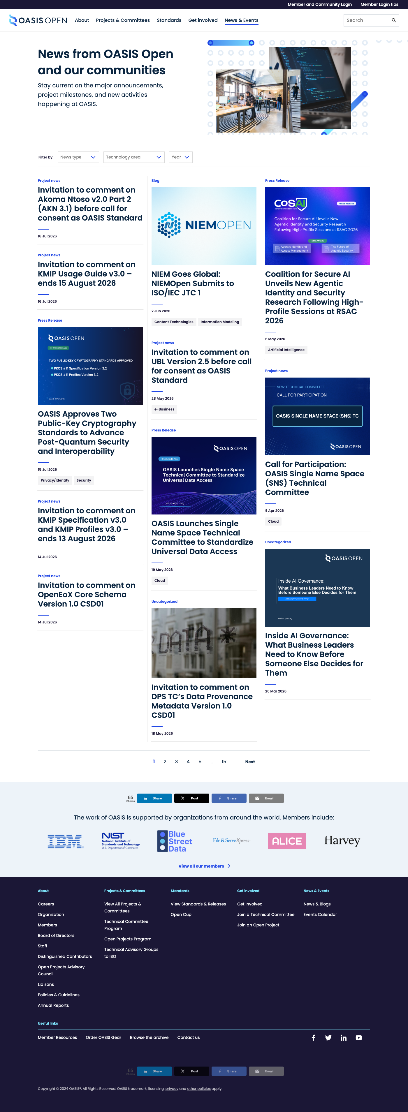 the public news index showing at least four consecutive posts in date order, with at least one Invitation to Comment and one approval announcement visible together, and each post's category label showing