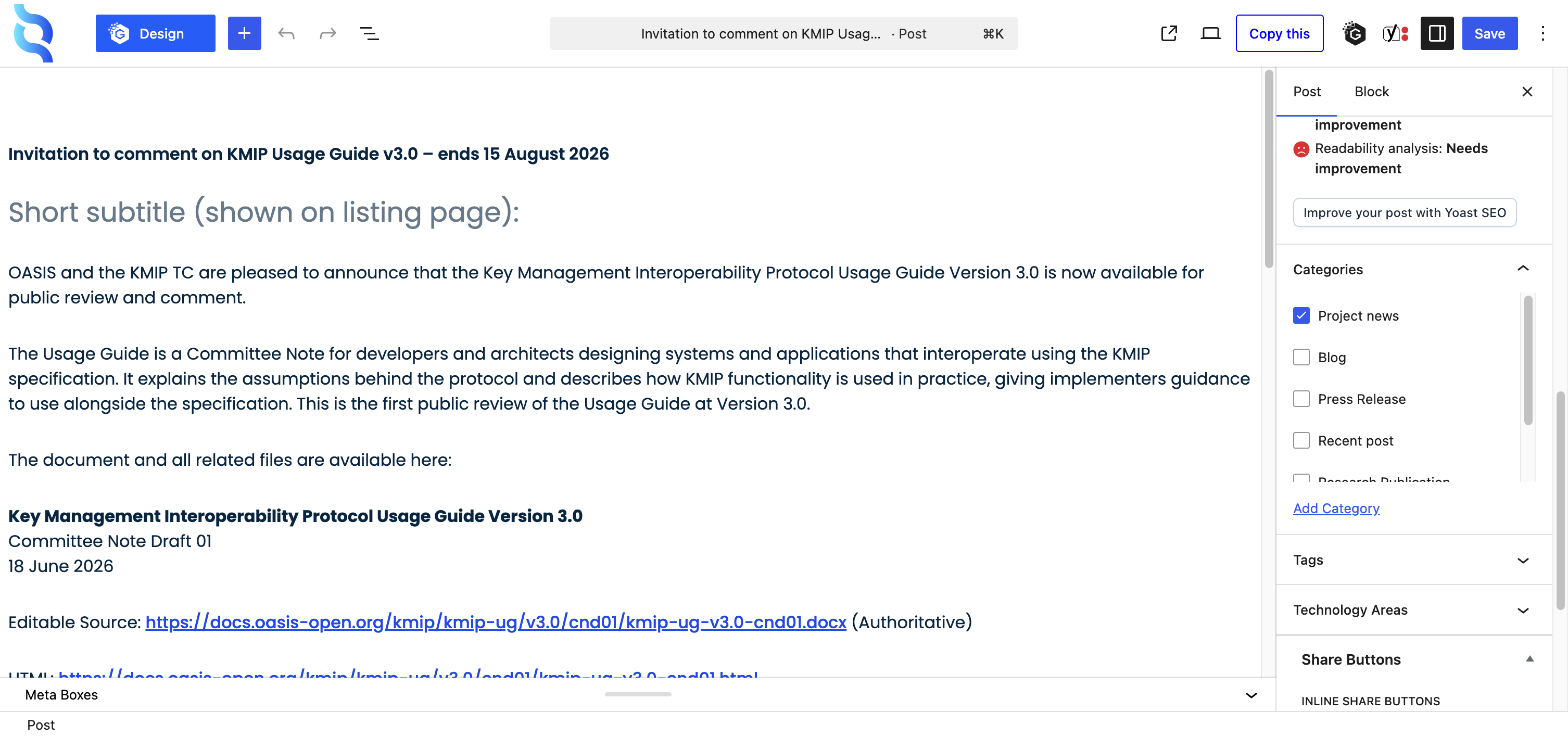 the news post editor with the category panel expanded, showing the four selectable categories and project news ticked