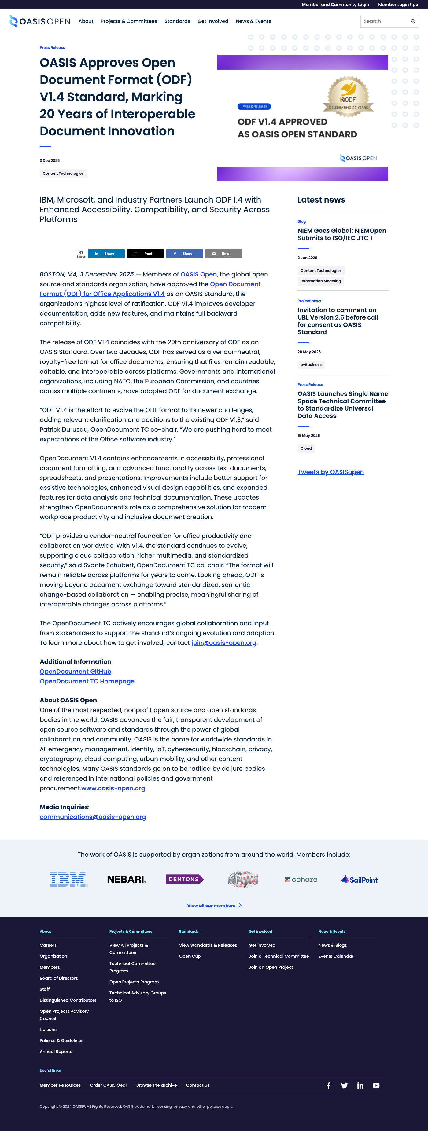 a complete OASIS Standard approval post in the default publication-notice register, showing the approval-date line, the named Statements of Use, the per-document link block and the closing congratulation