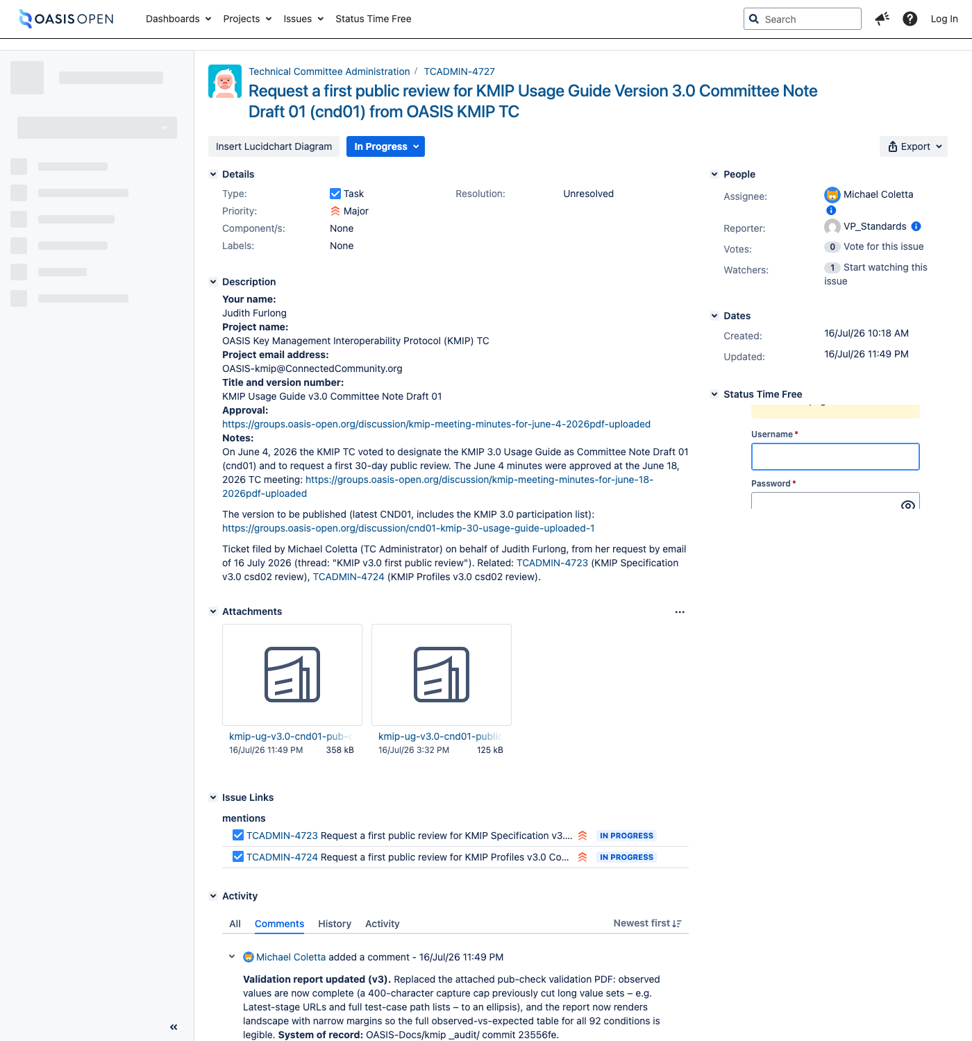 a publication request ticket at intake, showing the summary line, the delivered source attachment and the approving minutes