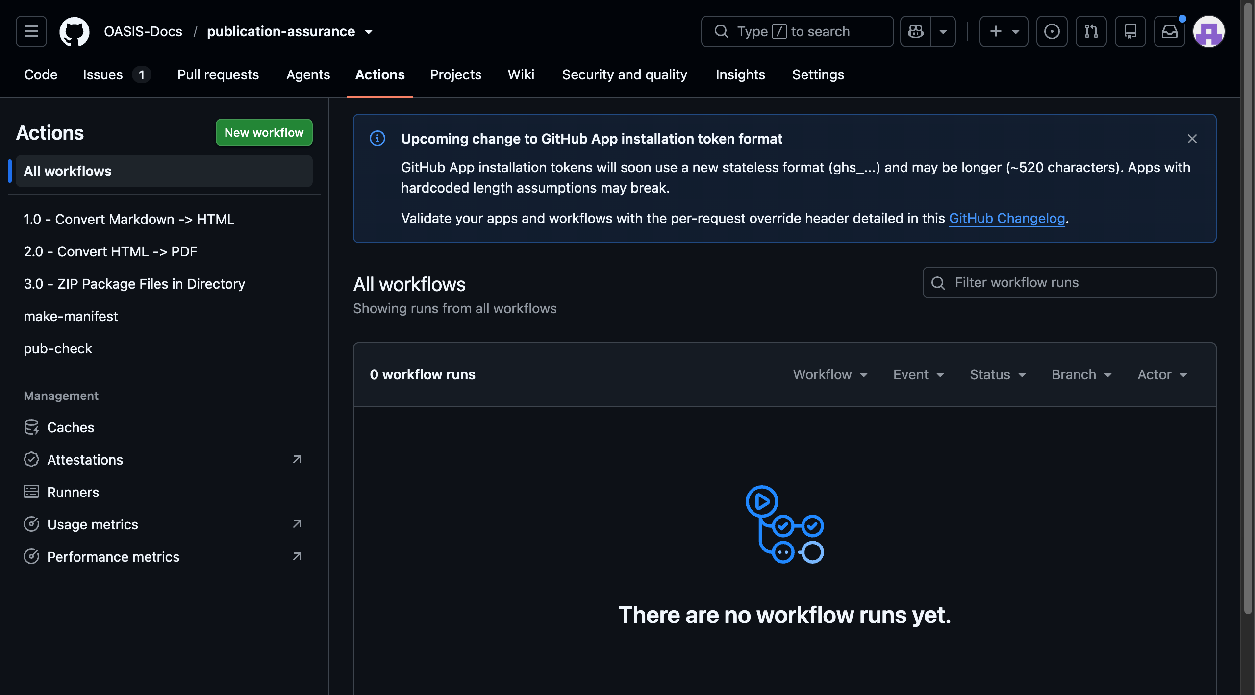 a GitHub Actions workflow-runs list for an OASIS-Docs publishing repository, showing the automated render steps that run on each change