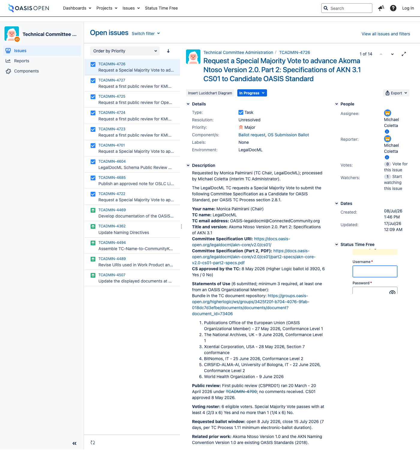 the request tracker queue filtered to the 24-month window, showing enough rows that the spread of review, ballot and publication requests is visible as one flow